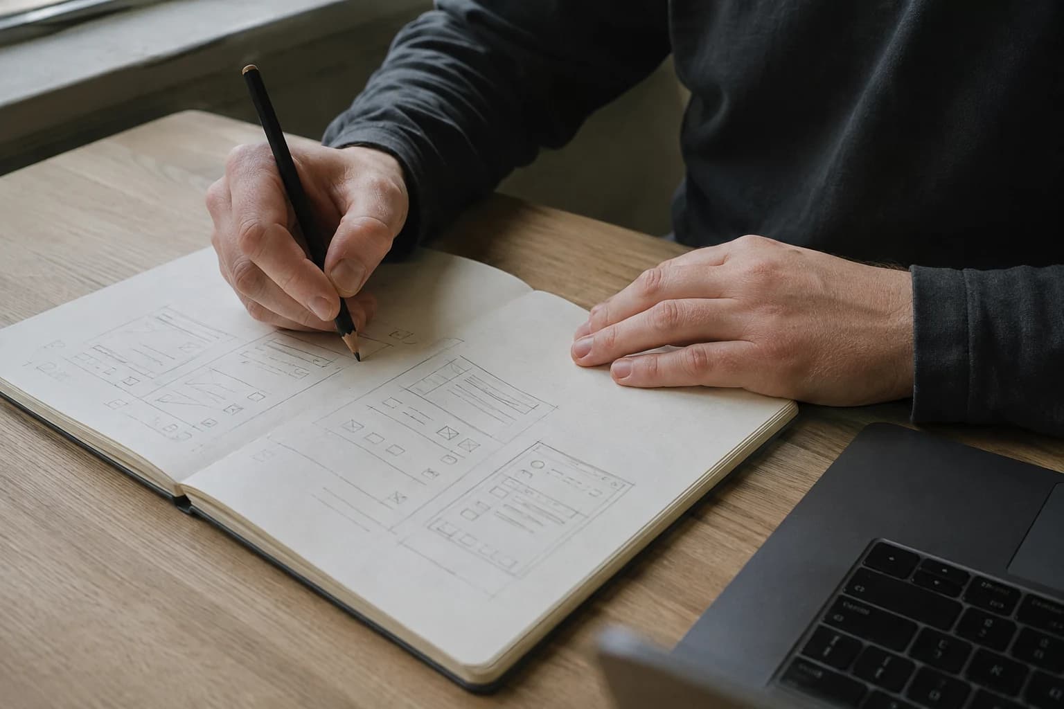 Editorial illustration: hands sketching an application interface in a notebook beside a laptop.